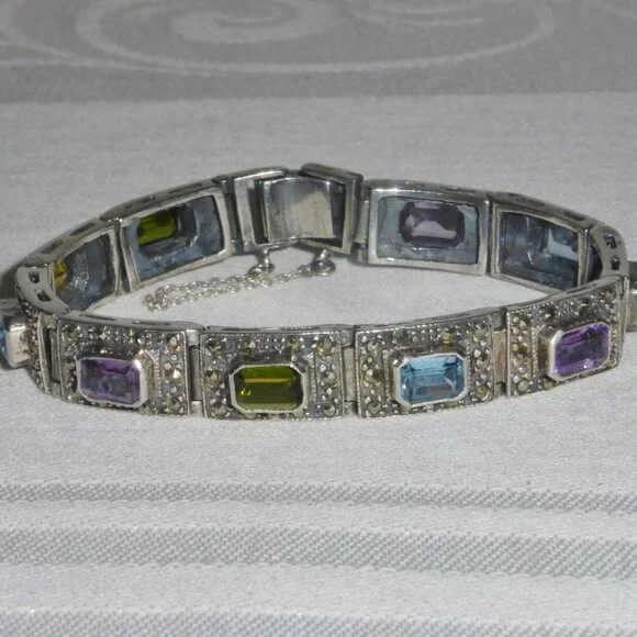 Vintage Silver Bracelet with Marcasite Amethyst Topaz Citrine Peridot Stones 7" - Picture 6 of 9